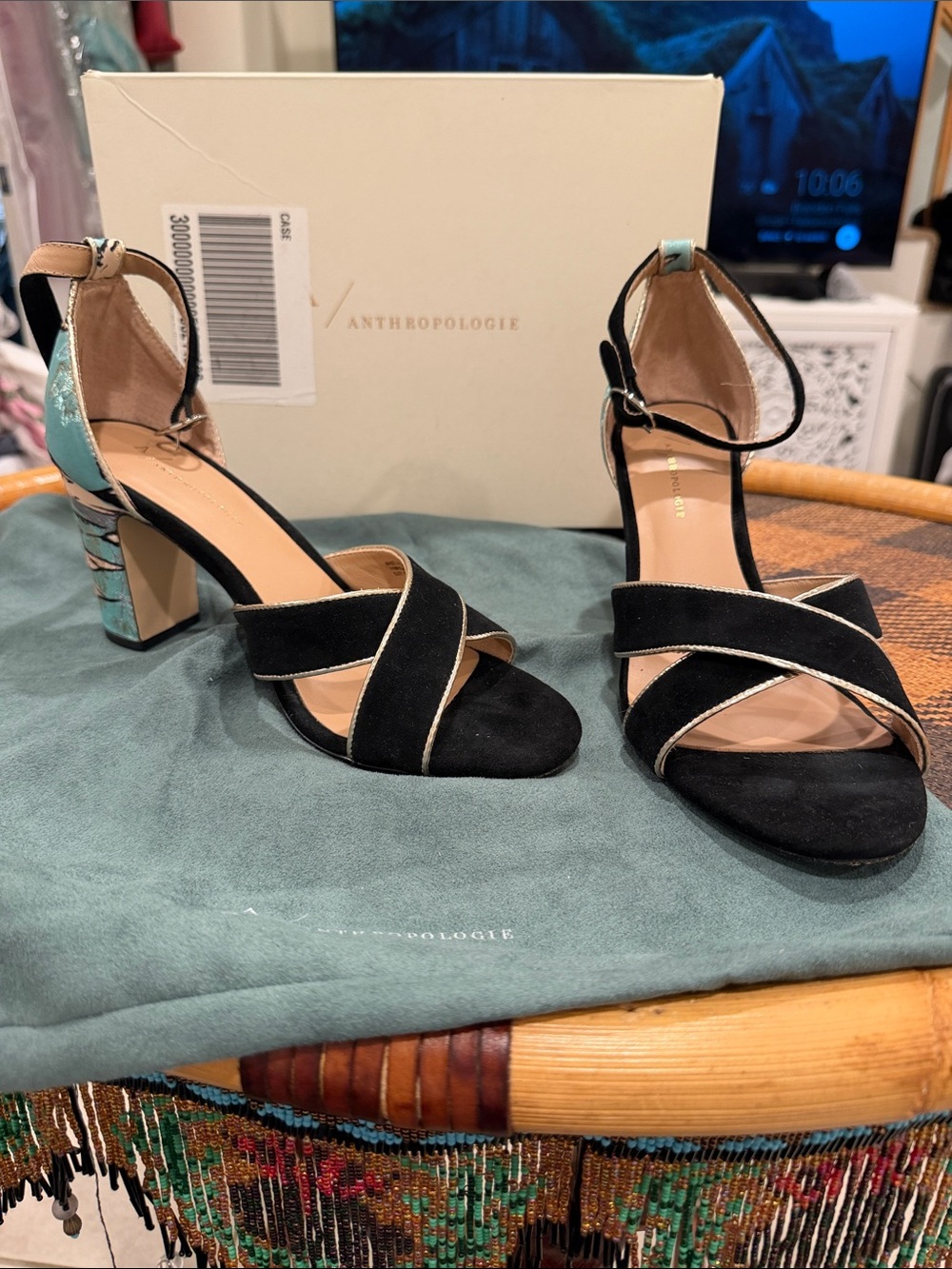 Anthropologie Black Suede Ankle-Strap Block Heel Sandals